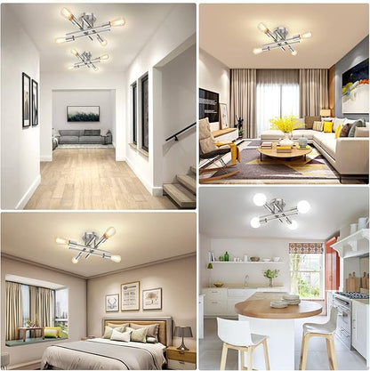 Brushed Nickle Semi Flush Mount Ceiling Lights, 4-Light Modern Industrial Sputnik Chandelier Light Fixture, Silver Flush Mount Light for Kitchen Bedroom Living Room Dining Room Closet, E26 Bulb Socket
