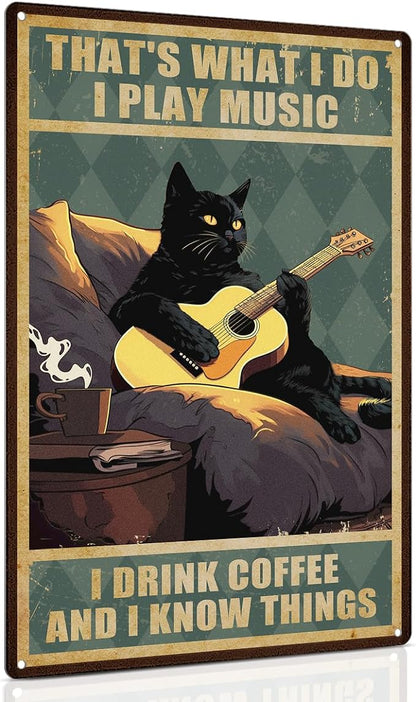 ALKB Guitar Art Black Cat Sign - Thats What I Do I Play Guitar and I Know Things 8x12 Inch - Guitar Player Gift Ideas