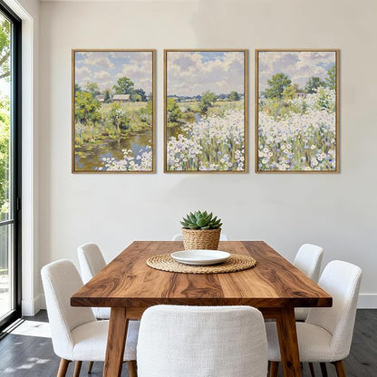 BINCUE Framed Wildflower Wall Art Rustic Floral Wall Decor Vintage Landscape Artwork for Living Room Bedroom Bathroom 16x24 Inches Set of 3