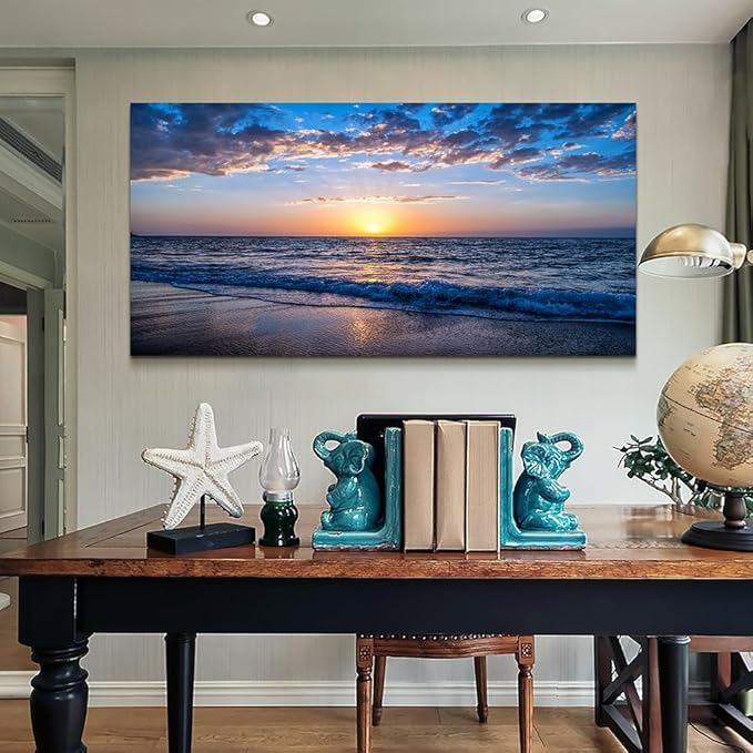 Wapluam Large Canvas Wall Art Sunset Beach Painting Picture Print on Canvas Framed Wall Art for Living Room Wall Decor for Bedroom Modern Coastal Landscape Room Decorations Artwork 60x30 Ready to Hang