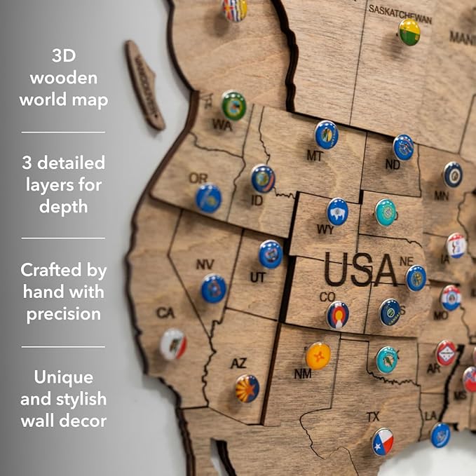 Enjoy The Wood 3D Wooden World Map Wall Art - Large Travel Map with Pins for Art Decor - Decorative Map of the World for Home, Office - Travel Wall Art Housewarming Gift Idea (Terra, 2XL, Unframed)