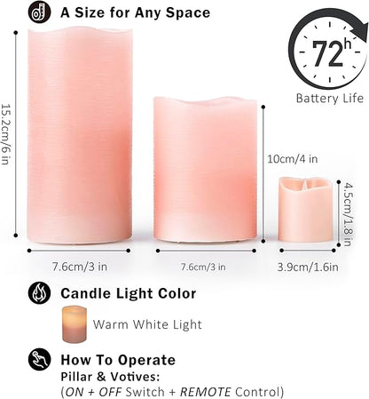 FURORA LIGHTING Pink Flameless Candles - Real Wax, Adjustable Brightness, Remote & Timer - 4 Pillars (3x4, 3x6) and 4 Votives, 8-Pack, Battery Operated