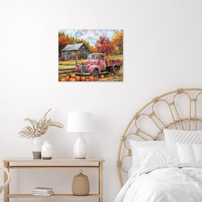 LB Fall Pumpkin Truck Wall Art Vintage Red Truck with Autumn Pumpkins in Farm Canvas Wall Art Farmhouse Harvest Wall Art Decor for Living Room Bedroom Bathroom Office Framed Ready to Hang 12L x 16W