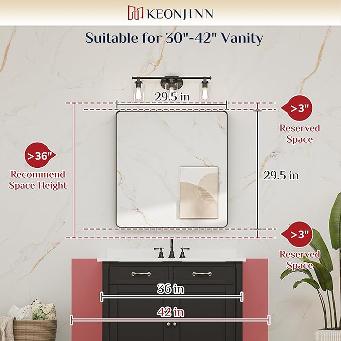 Keonjinn Black Bathroom Mirrors for Over Sink, 30 x 30 Inch Large Rounded Rectangle Bathroom Vanity Mirror, Matte Black Sandblasted Finish, HD Tempered Glass, Seamless Aluminum Alloy Frame Wall Mirror