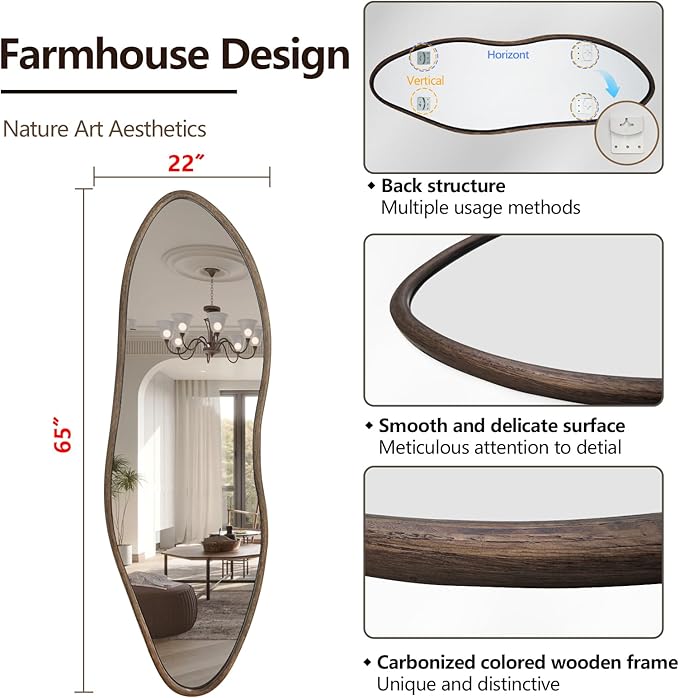Irregular Full Length Mirror, 65"x22" Wooden Farmhouse Full Body Mirror, Large Asymmetrical Wall Mirrors for Living Room Entryway, Horizontal/Vertical, Vintage Walnut