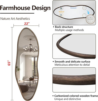 Irregular Full Length Mirror, 65"x22" Wooden Farmhouse Full Body Mirror, Large Asymmetrical Wall Mirrors for Living Room Entryway, Horizontal/Vertical, Vintage Walnut
