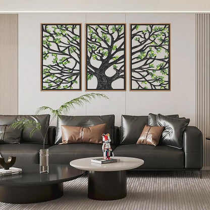 CHDITB Wooden Tree of Life Framed Wall Art(Set of 3, 16"x32"), 3 Panel Rustic Birch Green Leaves Hollow Laser Cut Artwork Decor, Modern Family Tree Wall Sculpture for Living Room Bedroom