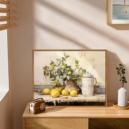 Vintage Kitchen Wall Art, Yellow Lemon Still Life Wall Decor Paintings, Rustic Farmhouse Artwork Canvas Posters Prints Pictures for Living Room Bedroom Home Decor 12x16 Inch Floating Framed