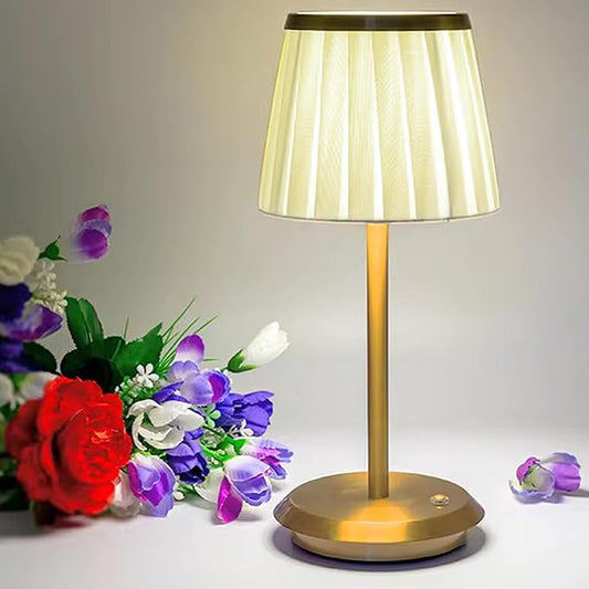 SAGAZZO Italian Style Cordless Table Lamp with Dimmer, 4200 mAh Rechargeable Battery, 3 Different Color temperatures Fabric Shade Desk Lamp, Bedside Night Lamp for Restaurant/Camp Living & Dining Room