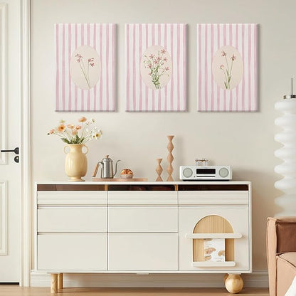 Pink Flower Wall Art Striped Floral Prints Botanical Canvas Wall Decor Aesthetic Pictures Pastel Pink Floral Poster Minimalist Flower Painting for Girl Room 12x16 Inch Wrapped Canvas Set of 3