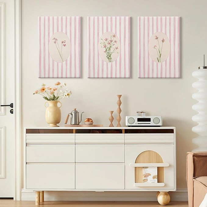Pink Flower Wall Art Striped Floral Prints Botanical Canvas Wall Decor Aesthetic Pictures Pastel Pink Floral Poster Minimalist Flower Painting for Girl Room 16x24 Inch Wrapped Canvas Set of 3