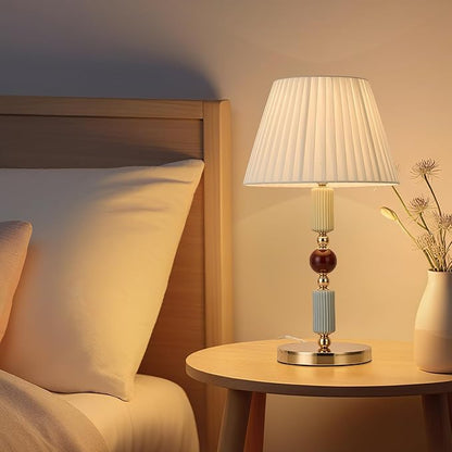 White Fabric Shade Table Lamp Modern Metal Desk Lamp with Plug Cord Switch for Bedroom Bedside