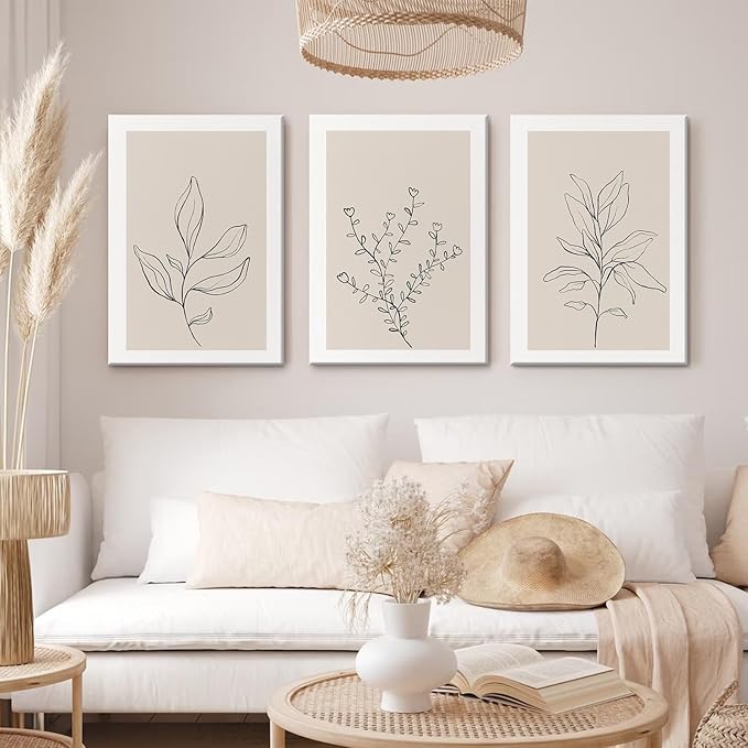 Botanical Wall Art Decor Neutral Wall Decor Boho Beige Canvas Wall Art Botanical Minimalist Pictures Neutral Prints Beige Posters Boho Artwork for Room Bedroom 16x24x3 Inch Framed