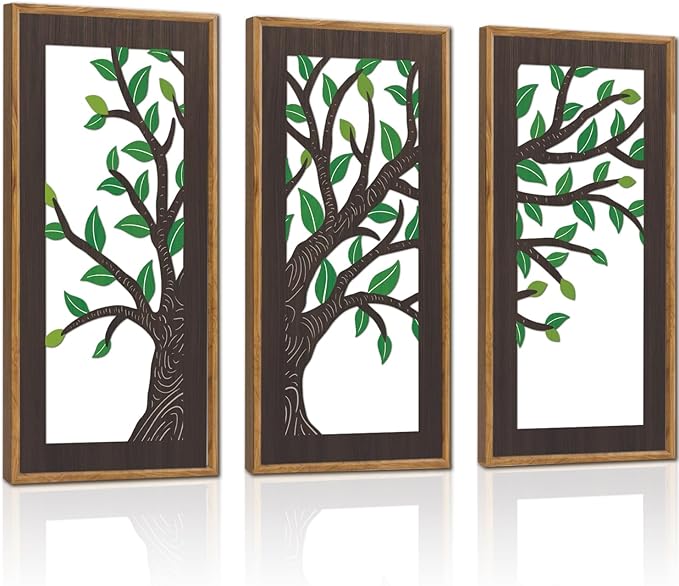 KAIRNE Wooden Tree Branch Framed Wall Art(Set of 3, 16”x8”),Abstract Tree of Life Hollow Artwork Decor,Rustic Birch Green Leaves Wood Decor,Modern Tree Farmhouse Decor for Living Room Bedroom Kitchen