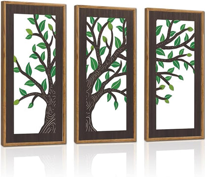 KAIRNE Wooden Tree Branch Framed Wall Art(Set of 3, 16”x8”),Abstract Tree of Life Hollow Artwork Decor,Rustic Birch Green Leaves Wood Decor,Modern Tree Farmhouse Decor for Living Room Bedroom Kitchen
