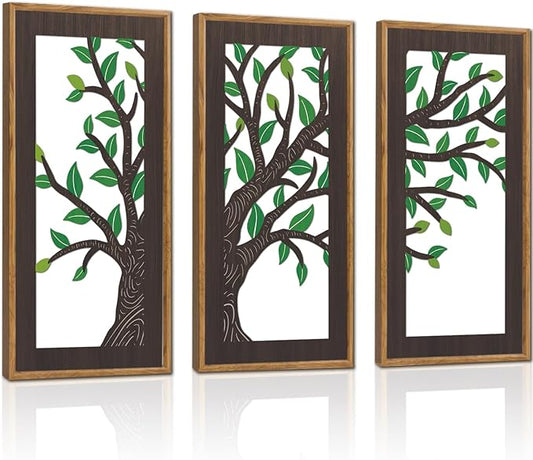 KAIRNE Wooden Tree Branch Framed Wall Art(Set of 3, 16”x8”),Abstract Tree of Life Hollow Artwork Decor,Rustic Birch Green Leaves Wood Decor,Modern Tree Farmhouse Decor for Living Room Bedroom Kitchen