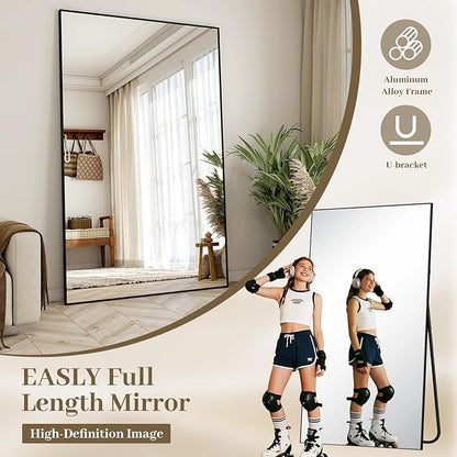 Easly Full Length Mirror with Stand 46"x76" Full Body Mirror Floor Mirror Standing Hanging or Leaning Wall, Wall Mirror with Stand Aluminum Alloy Frame for Living Room Bedroom Cloakroom,Black