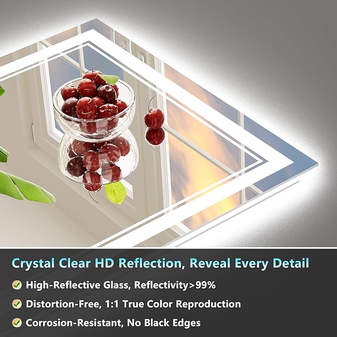 48x36 LED Bathroom Mirror with Lights, Backlit and Front Lit Anti-Fog Lighted Vanity Mirrors for Bathroom Wall, Dimmable, 3-Color Light, Memory, Shatter-Proof, HD Tempered Glass, CRI＞90