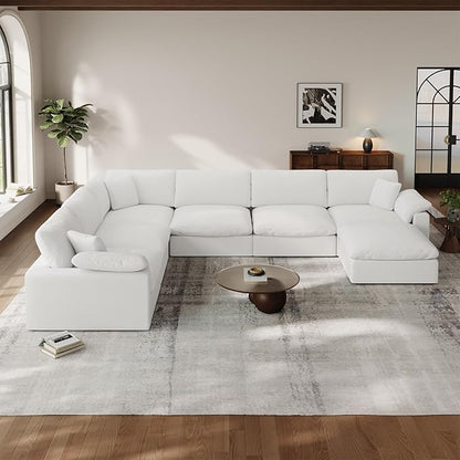 Cloud Modular Couch for Living Room,7 Seater U Shape Linen Blend Sofas,Modern Deep Seat Cloud Sofas,Convertible Comfort Down Filled Sectional Couches,Removable Washable Cushion Covers,White