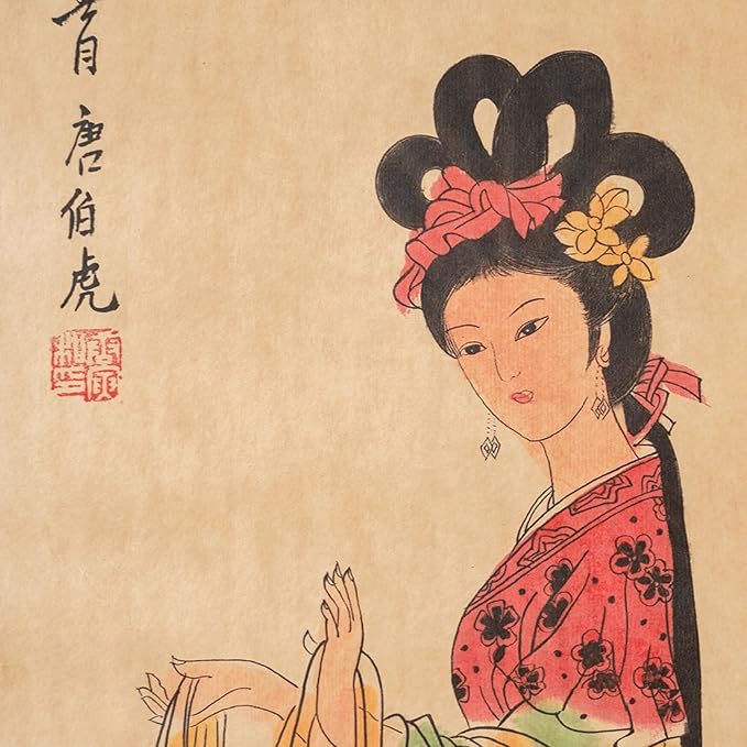 Large Japanese Geisha Woman Wall Art Framed Painting Decor, Four Panel Figure Artwork Old Japan Scroll For Home Sushi Restaurant Walls Hanging