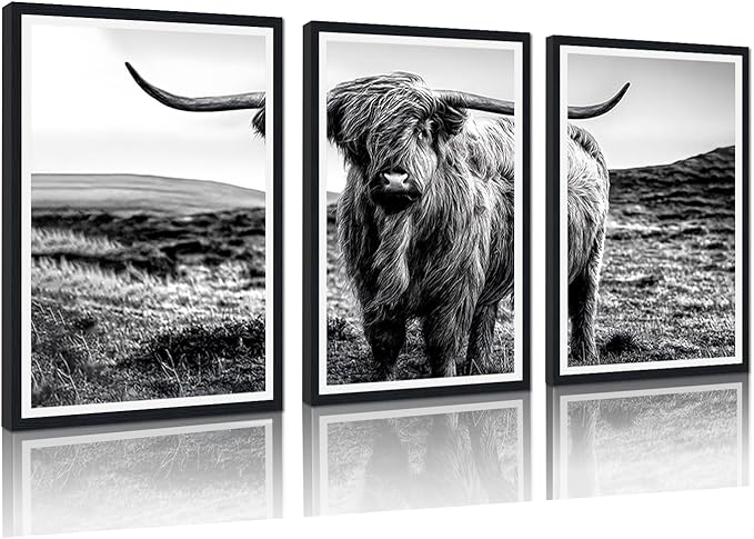 Yatsen Bridge Farmhouse Highland Cow Canvas Wall Art Black White Vintage Farmhouse Cow Picture for Kitchen Wall Decor Country Animal Print Artwork for Living Room Bedroom Decoration 16x24inchx3pcs