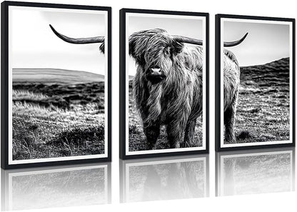 Yatsen Bridge Farmhouse Highland Cow Canvas Wall Art Black White Vintage Farmhouse Cow Picture for Kitchen Wall Decor Country Animal Print Artwork for Living Room Bedroom Decoration 16x24inchx3pcs