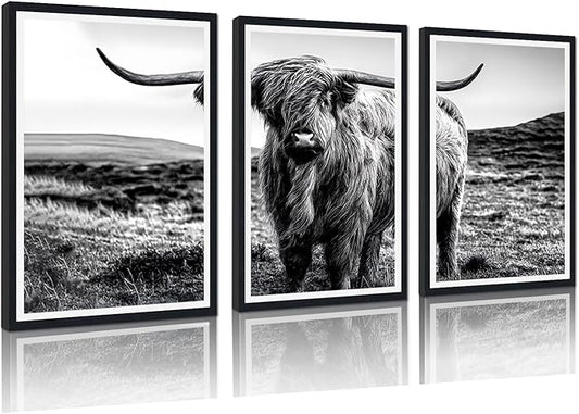 Yatsen Bridge Farmhouse Highland Cow Canvas Wall Art Black White Vintage Farmhouse Cow Picture for Kitchen Wall Decor Country Animal Print Artwork for Living Room Bedroom Decoration 16x24inchx3pcs