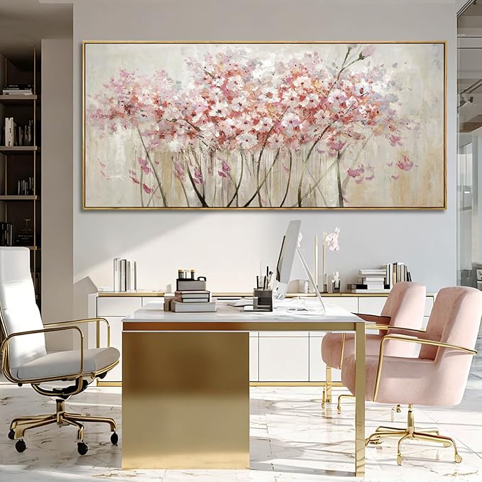 YJYart Floral Wood Wall Art Landscape Photo Prints Pink and White Canvas Poster 40"x86" Office Wall Decorations Picture for Bedroom