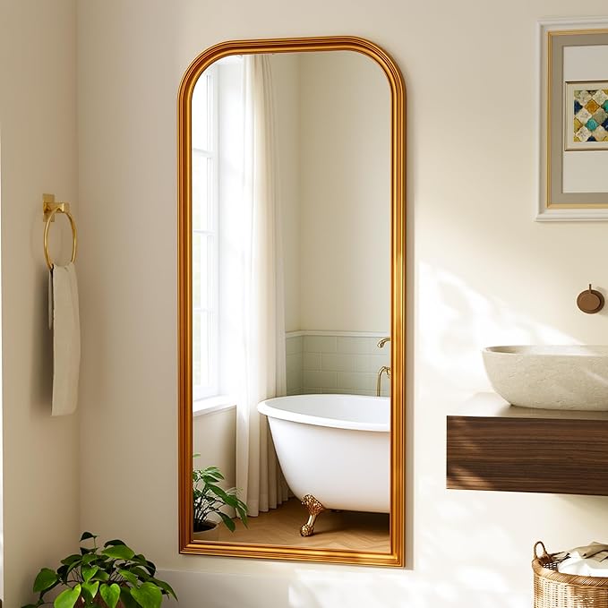 28"×69" Rounded Top Large Full Length Mirror, Arched Vintage Floor Stangding Body Mirror - PU Frame, Wall Mounted Hanging Leaning Antique Decor for Dressing Room, Entryway, Bedroom, Gold