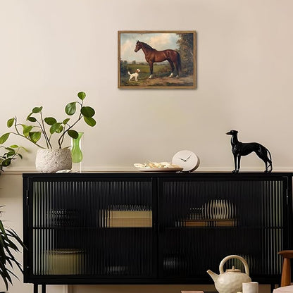 Framed Vintage Wall Art, Rustic Horse and Dog Pictures Wall Decor, Farmhouse Animal landscape Paintings Canvas Prints Neutral Aesthetic Home Decor for Living Room Bedroom Bathroom Office 8x10 inch