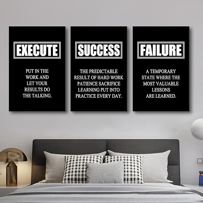 Inspirational Wall Art Success Quote Canvas Painting Motivational Decor Execute Failure Definition Picture 3 Pieces Black Positive Poster Prints Framed Artwork for Living Room Office [48''W x 24''H]