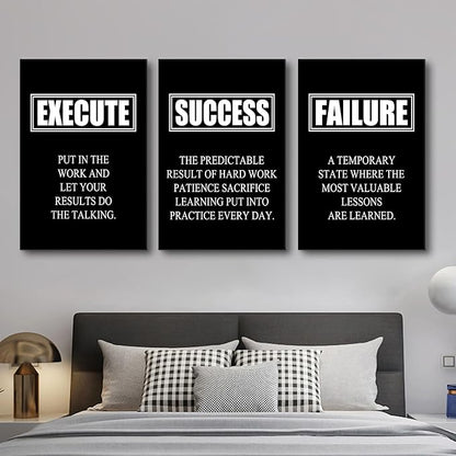 Inspirational Wall Art Success Quote Canvas Painting Motivational Decor Execute Failure Definition Picture 3 Pieces Black Positive Poster Prints Framed Artwork for Living Room Office [48''W x 24''H]