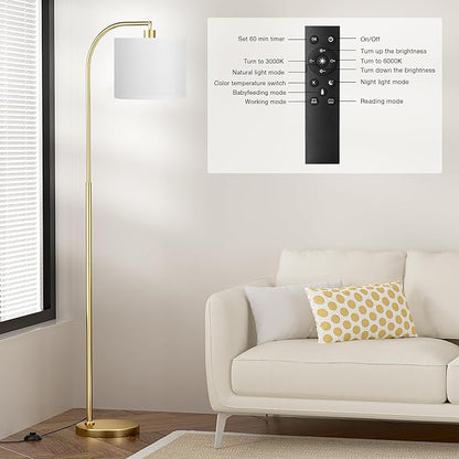 Ambimall Arc Floor Lamp with Remote and Stepless Dimmable Bulb, Colors Temperature & Brightness Adjustable, Floor Lamps for Living Room（White Shade & Gold Pole）