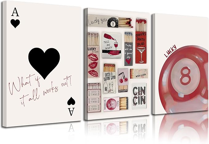 3pcs Trendy Vintage Matchbox Canvas Wall Art Red Lucky Pool Ball Ace Of Hearts Wall Decor Pictures Fashion Coquette Preppy Posters Prints For Bedroom Dorm Scene Home Decoration Prepare To Hang