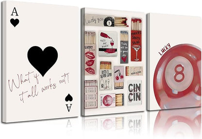 3pcs Trendy Vintage Matchbox Canvas Wall Art Red Lucky Pool Ball Ace Of Hearts Wall Decor Pictures Fashion Coquette Preppy Posters Prints For Bedroom Dorm Scene Home Decoration Prepare To Hang