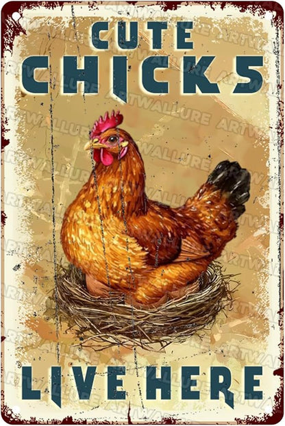 Funny Chicken Coop Sign “Cute Chicks Live Here” - Vintage Tin Metal Wall Decor for Farm, Garden, Hen House, Yard 8x12 Inch