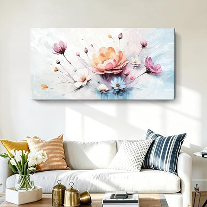 amatop Large Floral Wall Art — Orange, Blue, And Pink Flowers, Colorful Botanical Canvas Print, Modern Abstract Wall Decor For Living Room, Bedroom, Bathroom, Dining Room, And Kitchen. 48X24 Inches.