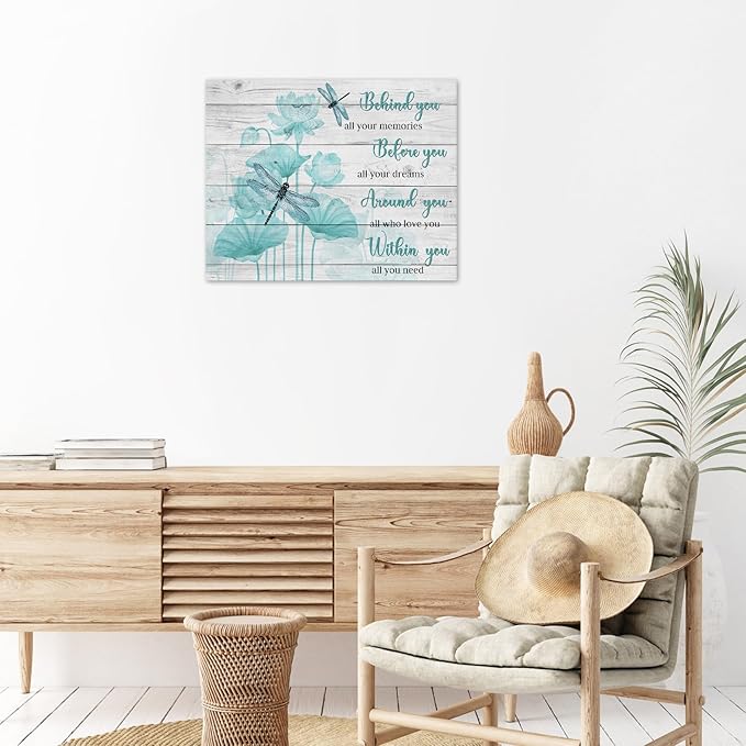 LB Farmhouse Floral Inspirational Wall Art Vintage Watercolor Teal Flower with Dragonfly Canvas Wall Art Modern Motivational Wall Decor for Bedroom Bathroom Living Room Framed Ready to Hang 12L x 12W