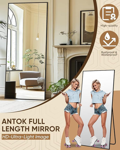 Antok 71''x28'' Full Length Mirror, Shatterproof HD Oversized Floor Mirror with Stand, Aluminum Alloy Frame Leaning Standing or Wall Mounted Mirror for Bedroom Living Room Entryway, Black