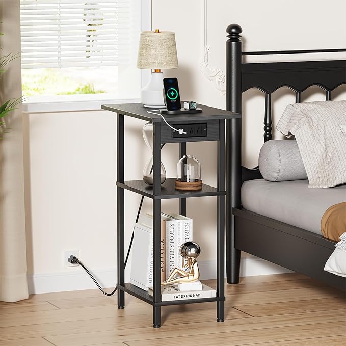 Asgolion Tall End Table with Charging Station, Skinny Nightstand with USB Ports and Outlets, 3 Tier Narrow Side Table with Storage for Bedroom, Living Room, Office, Black