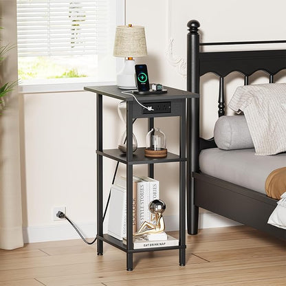 Asgolion Tall End Table with Charging Station, Skinny Nightstand with USB Ports and Outlets, 3 Tier Narrow Side Table with Storage for Bedroom, Living Room, Office, Black