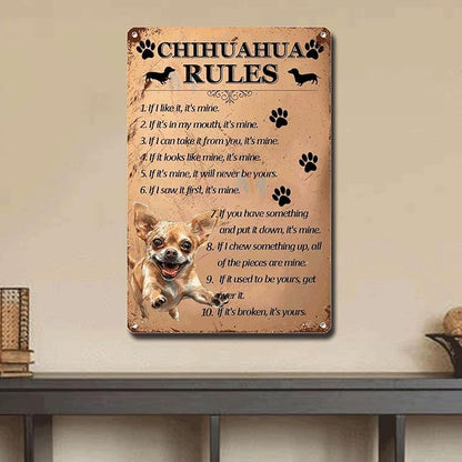 Metal Sign Tin Sign Vintage Wall Art Chihuahu Rules Tin Sign for Room 12×16 Inches