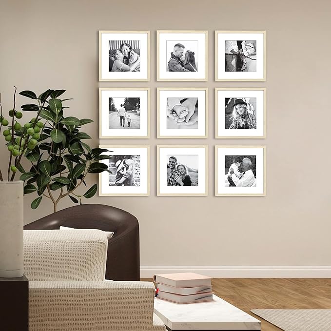 ArtbyHannah 12x12 Square Gallery Wall Frame Set for Home Decor or Wall Hanging Decoration, Matted to 8x8-9 Pack