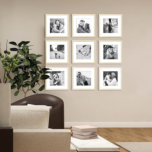 ArtbyHannah 12x12 Square Gallery Wall Frame Set for Home Decor or Wall Hanging Decoration, Matted to 8x8-9 Pack