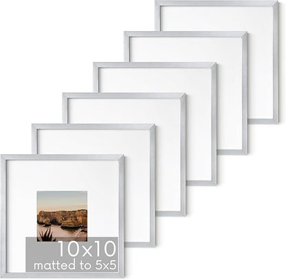HAUS AND HUES 10x10 Silver Metal Picture Frames Matted to 5x5 - Premium Aluminum with Hanging Hardware, Shatterproof Plexiglass - Ideal for Home or Office (10x10 in, Silver, Set of 6)