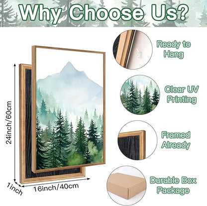 CHDITB Mountain Landscape Framed Canvas Wall Art(16"x24"), 3 Panels Boho Nature Forest Artwork Prints, Large Abstract Modern Green Pine Trees Art Decor for Bedroom Living Room Office