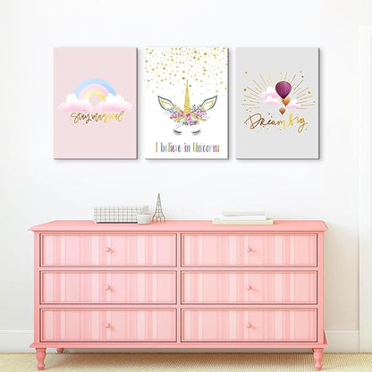 Colorful Unicorn Wall Art for Girls Bedroom Pink Unicorn Poster Pictures 3 pcs Motivational Rainbow Hot Air Balloon Cartoon Unicorns Paintings for Teen Girl Women Nursery Bathroom Decor 16"x24"