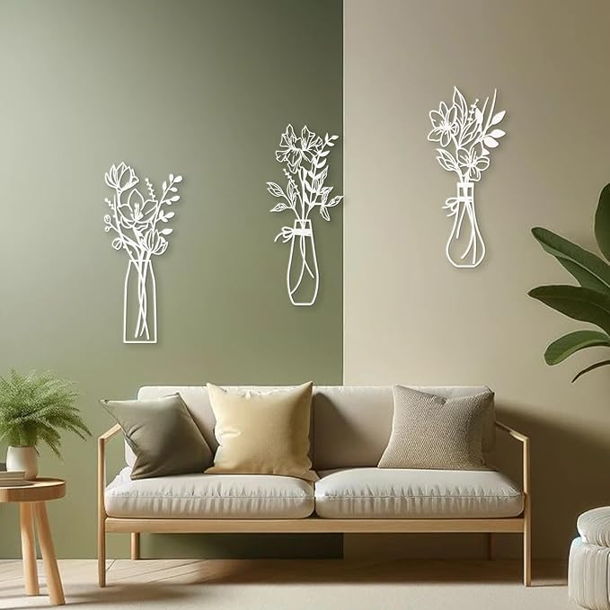 Zzbakress 3 Pcs Metal Flowers Wall Arts Rustic Farmhouse Decor Bathroom Wall Decor Metal Wall Decor for Living-room Dining-Room Kitchen Minimalist Decor Housewarming Gifts(White)