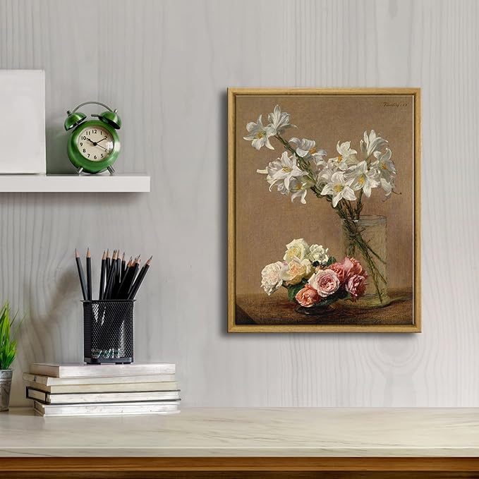 Pyradecor Framed Canvas Wall Art Vintage Decor Coquette Room Decor Roses and Lilies Canvas Prints Classical Floral Painting for Living Room Bedroom Farmhouse Decorations