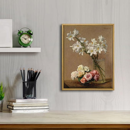 Pyradecor Framed Canvas Wall Art Vintage Decor Coquette Room Decor Roses and Lilies Canvas Prints Classical Floral Painting for Living Room Bedroom Farmhouse Decorations